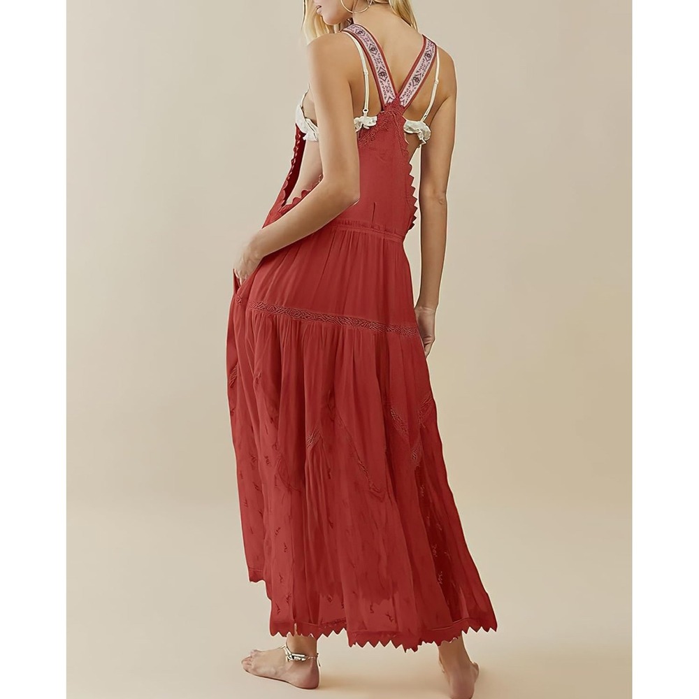 Boho Overall Maxi Dress Terracotta Red Lace Trim Tiered Skirt L - Picture 2 of 6